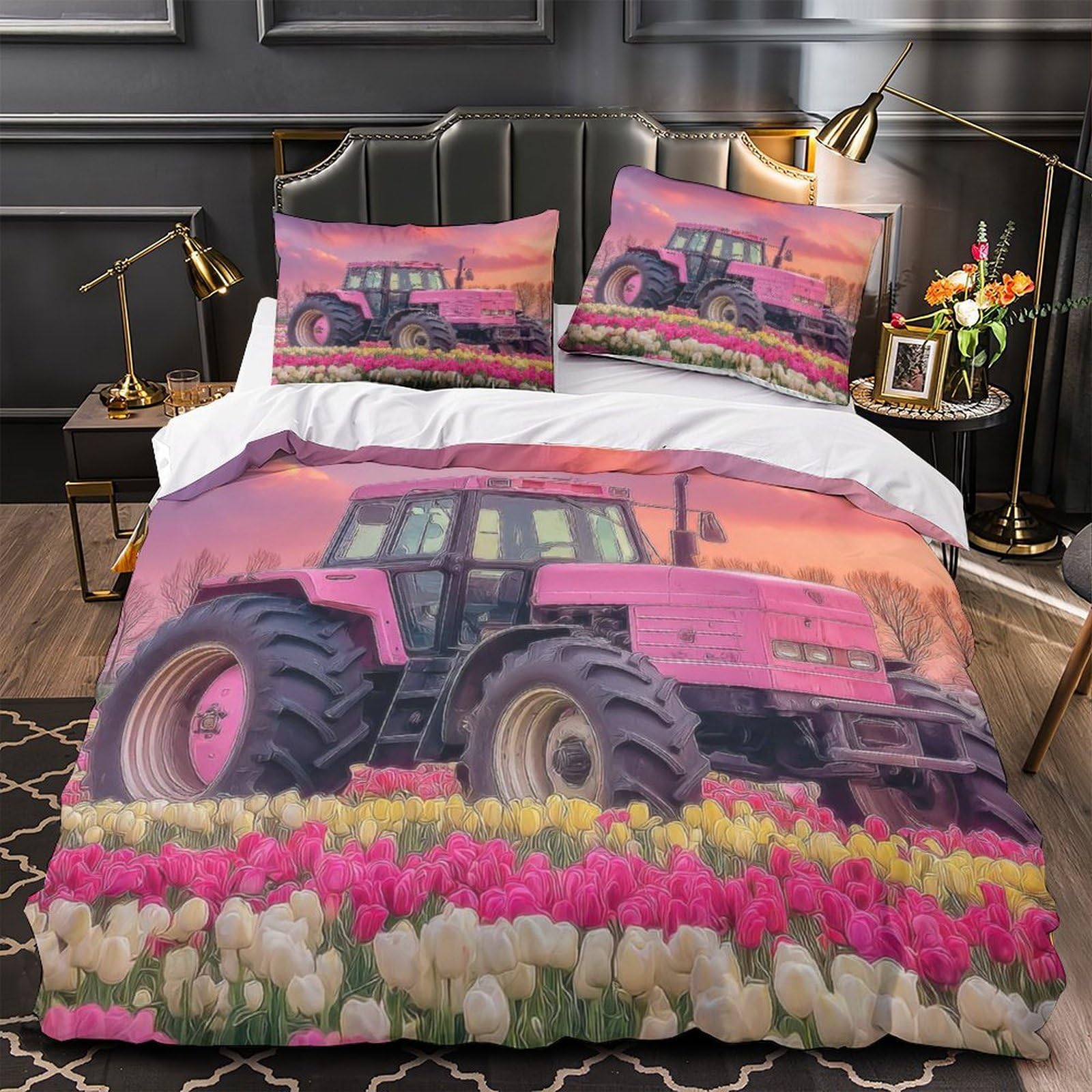 Housse de couette 3D grand lit 260x220 parure de lit roses avec fermeture éclair confort
