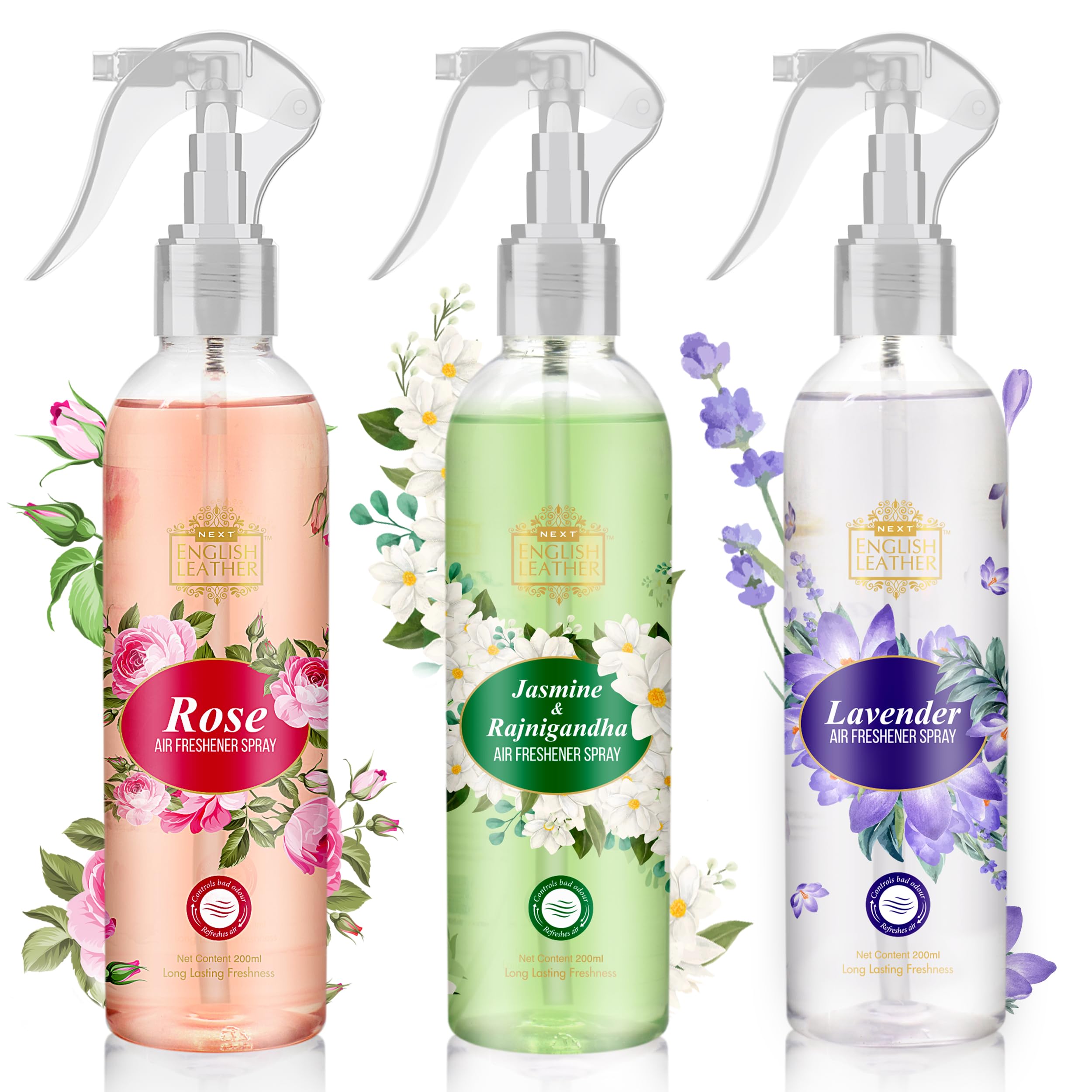 Next Care English Leather Air Freshener Spray Combo Pack – Rose + Jasmine + Lavender (200 ml Each) | Long Lasting Room Freshener | Gas-Free Deodorizer for Home, Car & Office | 3 Fragrances Set