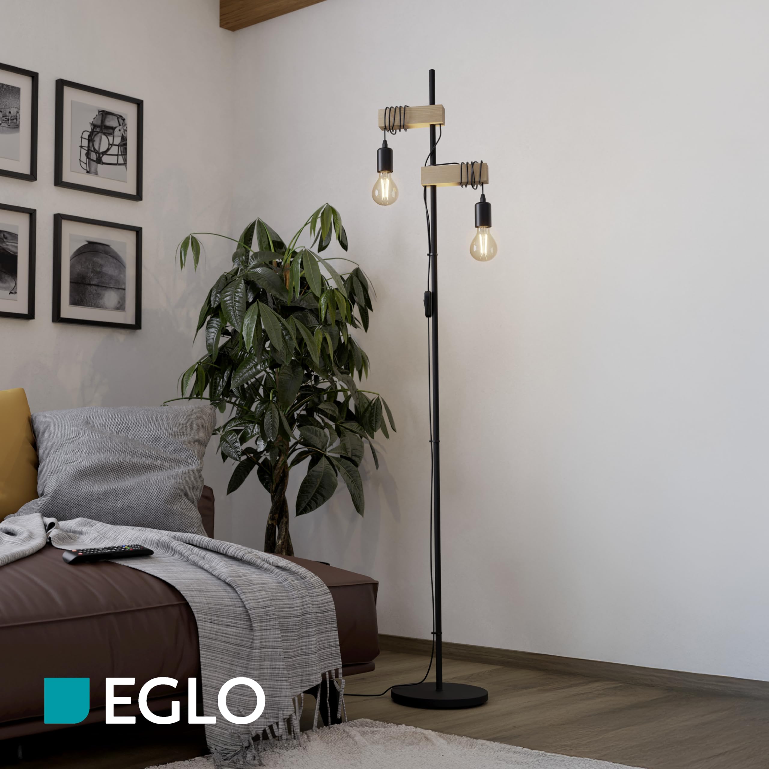 EGLO Lámpara de pie Townshend, lámpara de pie Vintage con 2 Bombillas | de estilo industrial, acero y madera, negro, marrón, casquillo E27, incl interruptor, certificado FSC