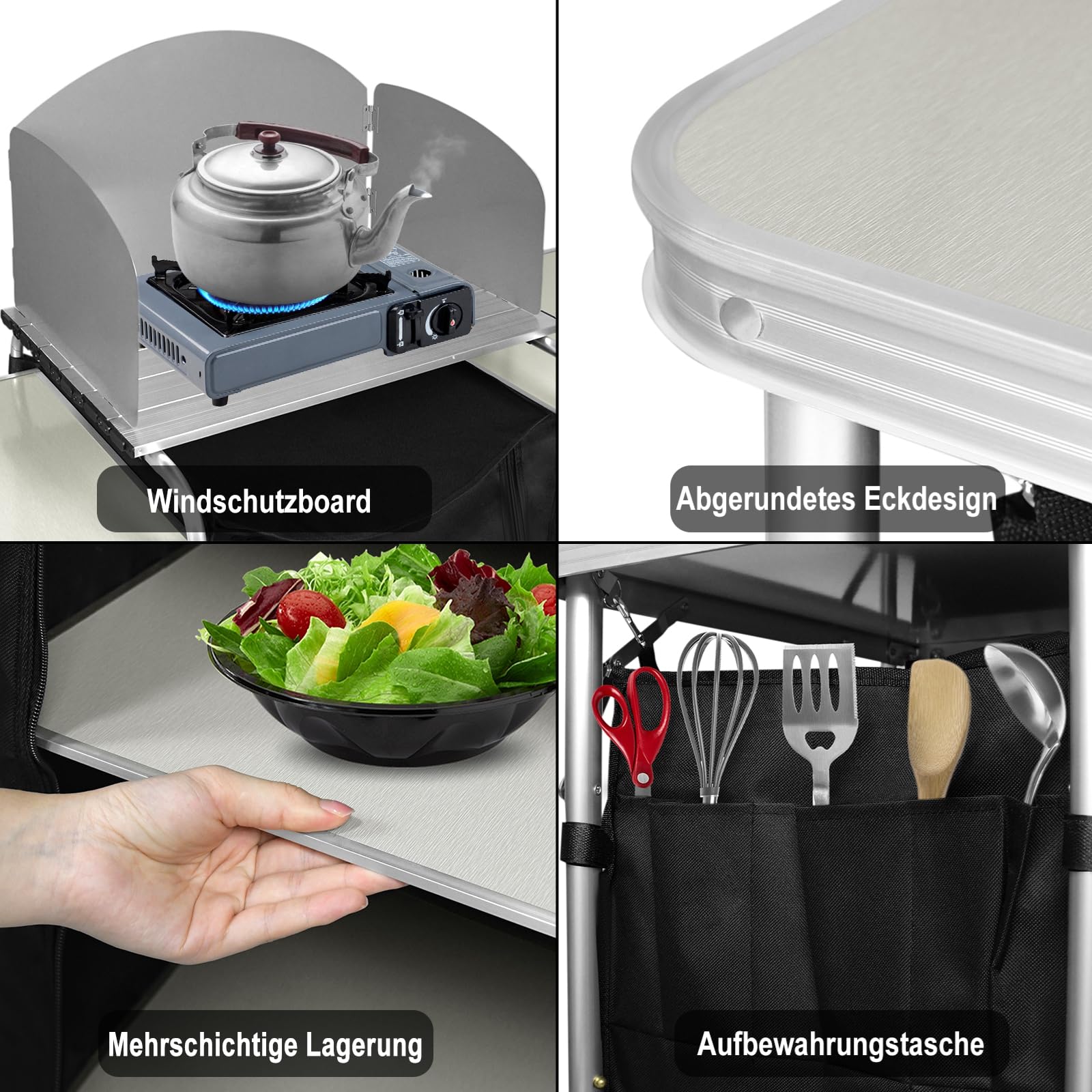 Faltbare Campingküche mit Aluminiumgestell, 5 Fächer & 3 Tischflächen, Stabiler Campingschrank aus 600D Oxford-Stoff, Windschutz Outdoor Küchenbox mit Tragetasche - Typ A