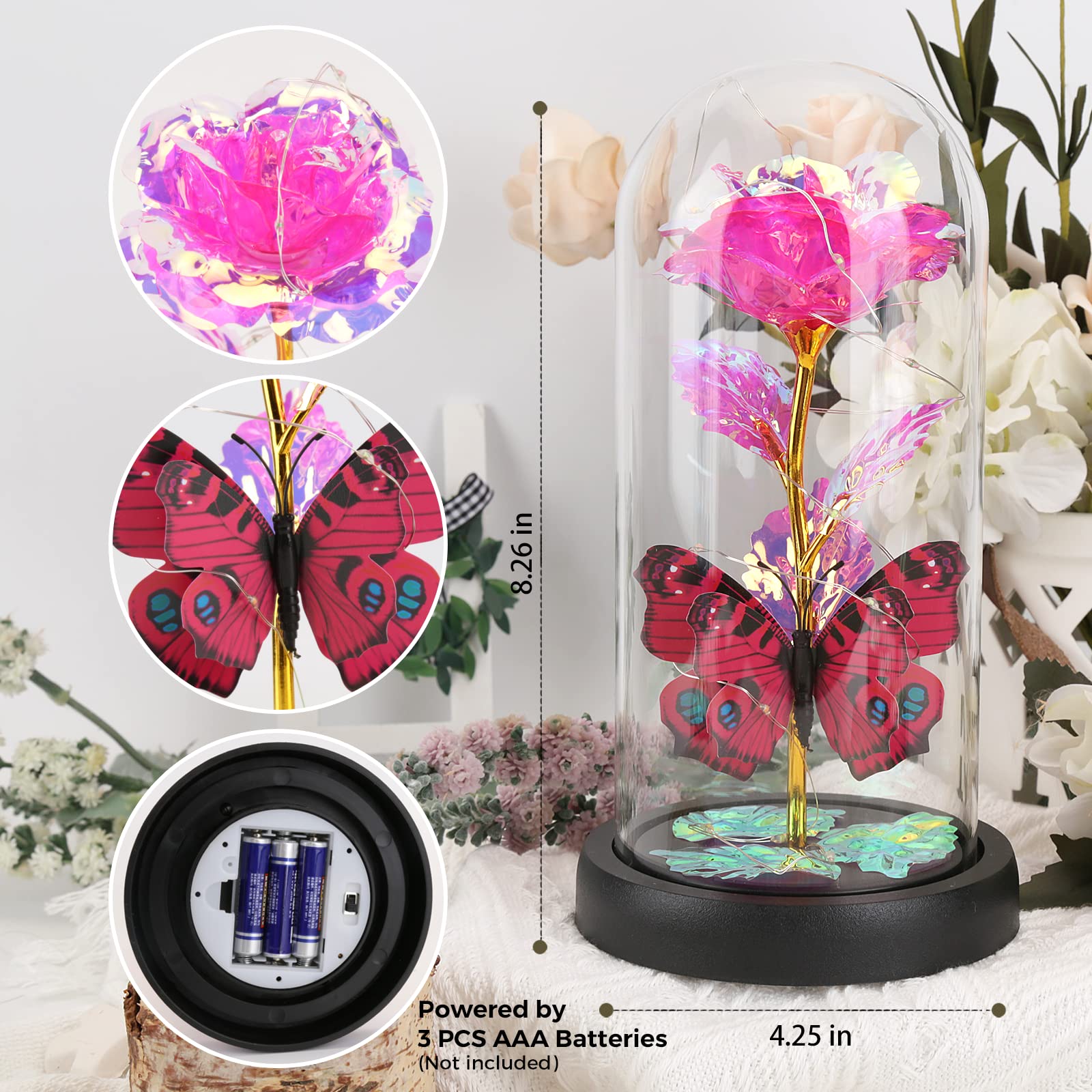 Rose Galaxie Lumineuse La Belle et la Bête avec Papillon dans Un dôme en Verre, Cadeau d'anniversaire Unique pour Petite Amie (Rose)