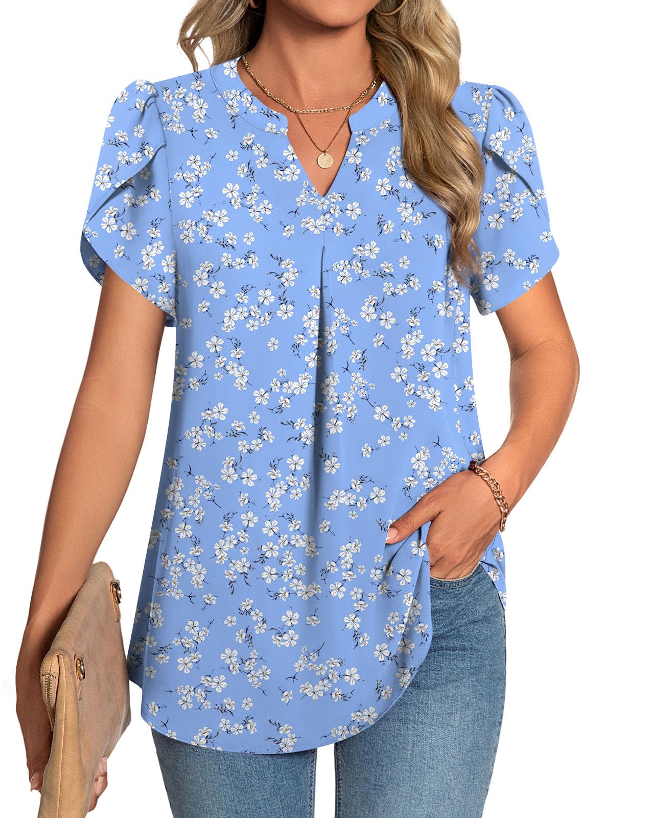 TAOHUADAO Womens Summer Dressy Chiffon Blouses Short Sleeve V Neck Tops for Leggings Casual T-Shirts