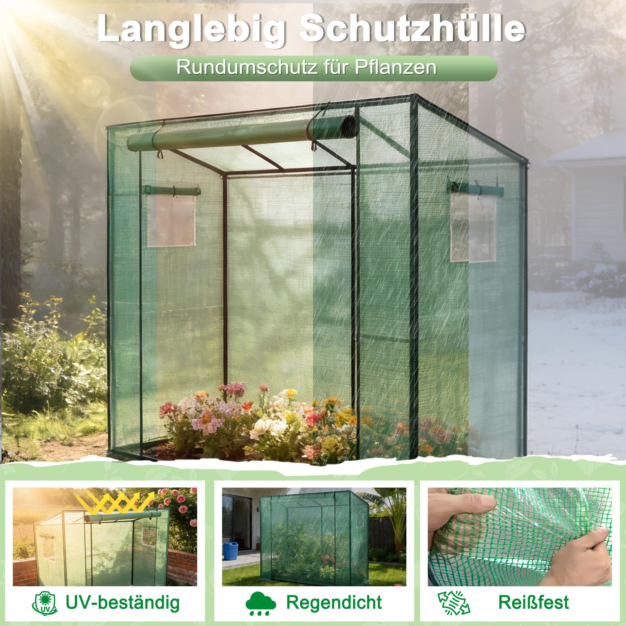 YRHome Serre à toit incliné - 200 x 80 x 150 cm - Avec porte et fenêtre enroulable - Respirante - Tubes en acier galvanisé - Protection UV - Pour légumes - Vert