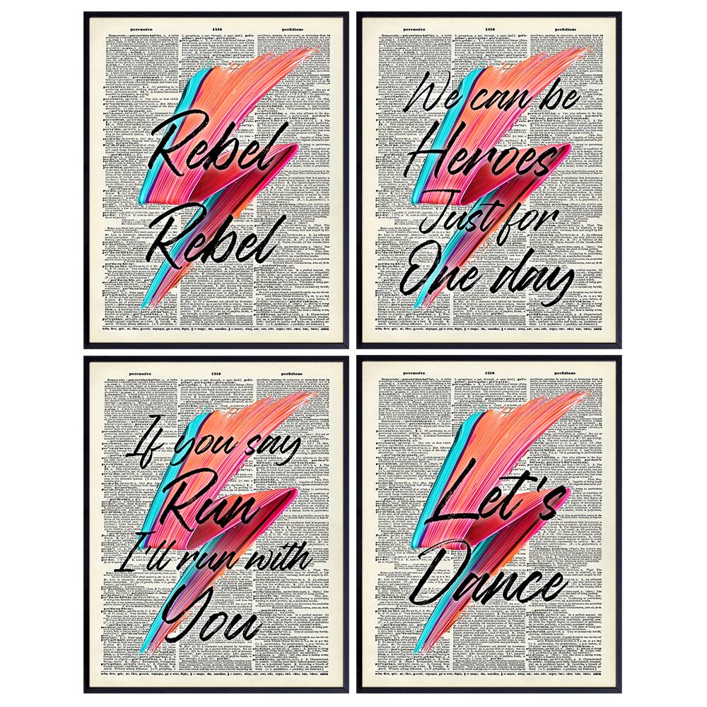 David Bowie Quotes Poster Print Set - 4-8x10 Ziggy Stardust Dictionary Wall Art Decor Photos- Cool Unique Gift for 80s Music, Punk Rock Fan, Musician - Decoration for Bedroom Living Room, Dorm, Bar