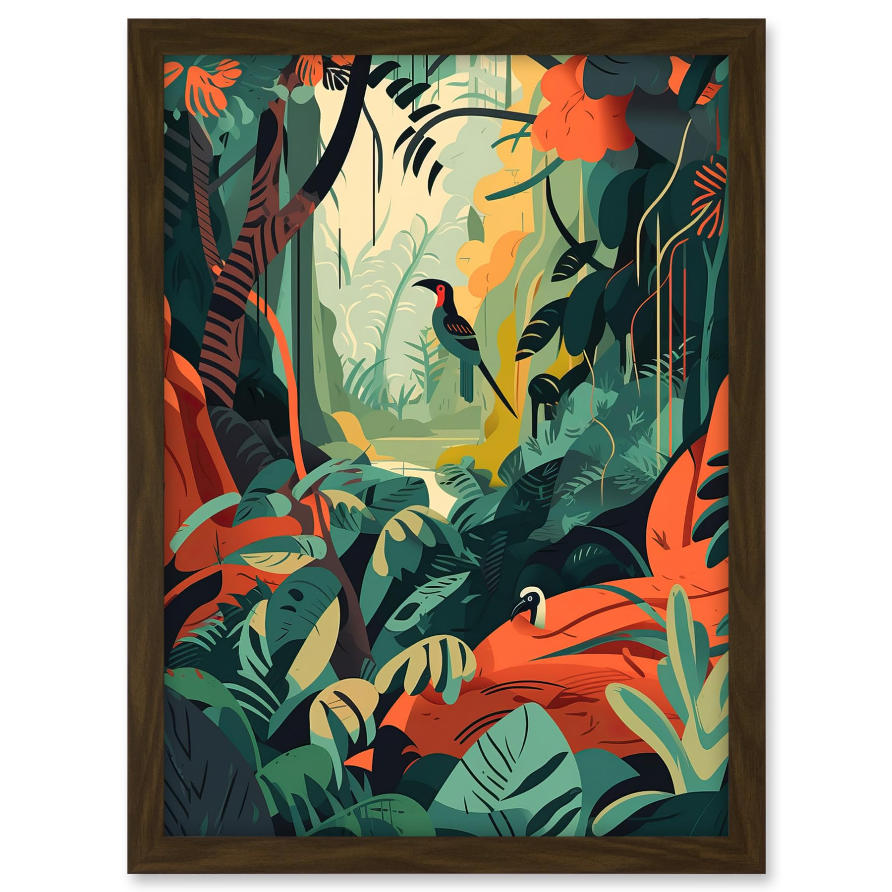 Artery8 Amazon Rainforest Diverse Flora and Tropical Birds Artwork Framed A3 Wall Art Print