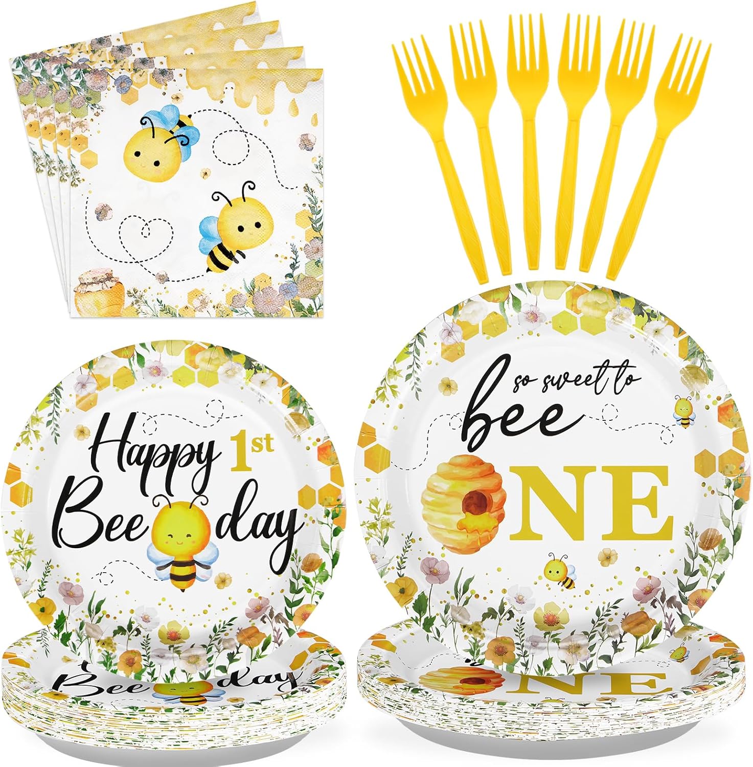 96Pcs Bee 1st Birthday Party Supplies Honey Bee Baby Shower Plates and Napkins Tableware Sets So Sweet to Bee One Birthday Party Decorations for Bee Day One Years Old Birthday Party Favors,Serves 24 Bee 1st Birthday Kit