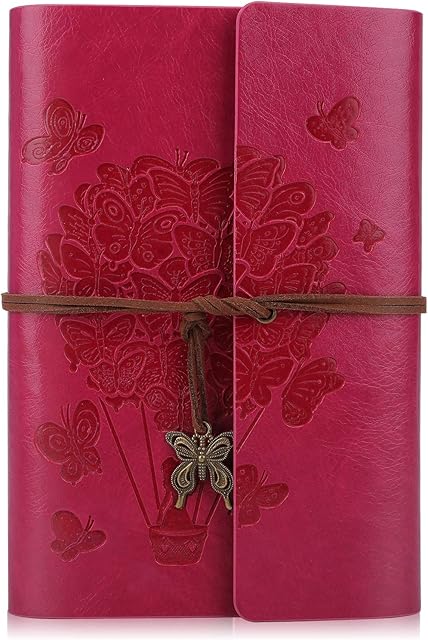 Leather Journal Notebook, Travel Spiral Bound Refillable Diary Notebook, Gifts for Women with Lined Paper Classic Embossed Retro Pendants A6 13 x 18.5 cm Rose Red