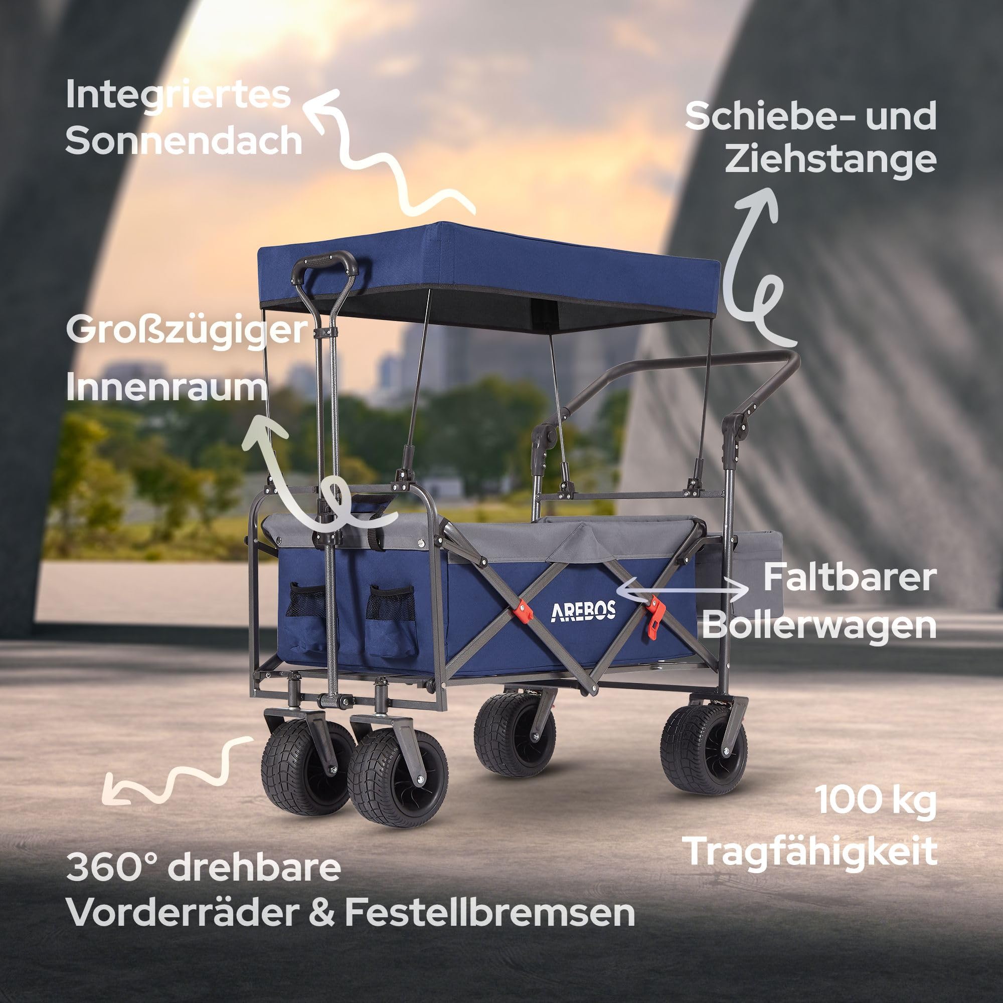 Arebos Bollerwagen faltbar mit Dach | Luxus Handwagen | Faltwagen | Transportwagen | XXL Tasche | klappbar | bis 100 kg | Gerätewagen | 360° Vorderräder | Blau