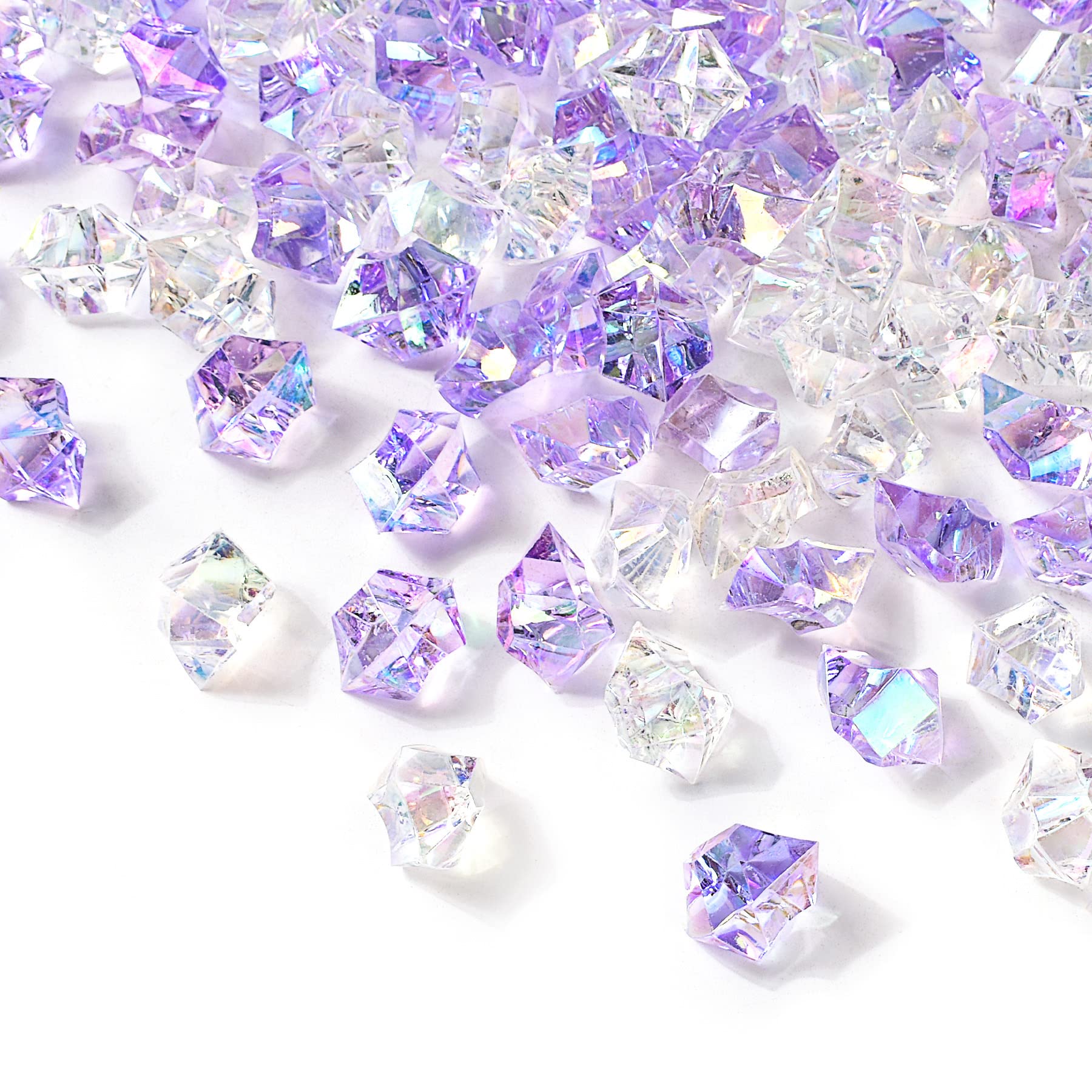 HUIANER 150PCS 1Inch Fake Ice Rocks, AB Color Acrylic Crushed Ice Cubes Crystals Treasure Gems for Table Scatters Vase Filler Home Decoration (Purple and Transparent)