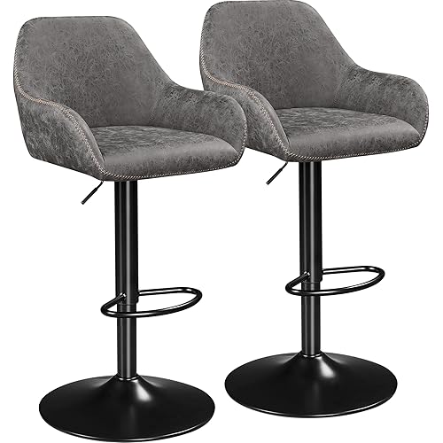 Yaheetech Bar Stools Set of 2, PU Leather Swivel Counter Height Barstools, Adjustable Bar Chairs with Backrest and Footrest, Kitchen Island Stool for Home Kitchen, Grey