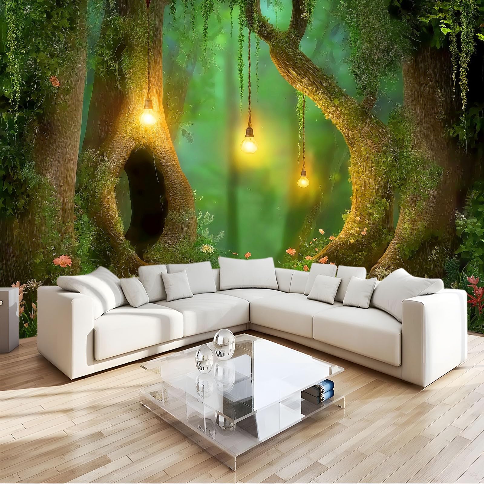 Zielona panoramiczna tapeta fantasy las, kwiaty łąki tapeta ścienna z włókniny 400 x 280 cm 3D gobelin obraz do pokoju dziecięcego dekoracja ścienna - plakat obrazy ścienne