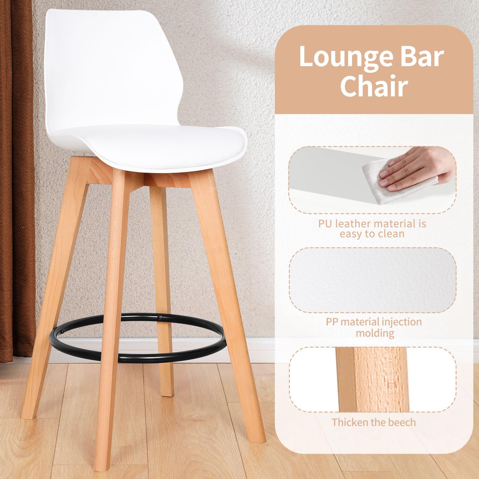 26'' Swivel Bar Stools 1 pcs, 360 Degree Counter Height Bar Stools with Back, PU Leather Seat and Solid Wood Legs, White