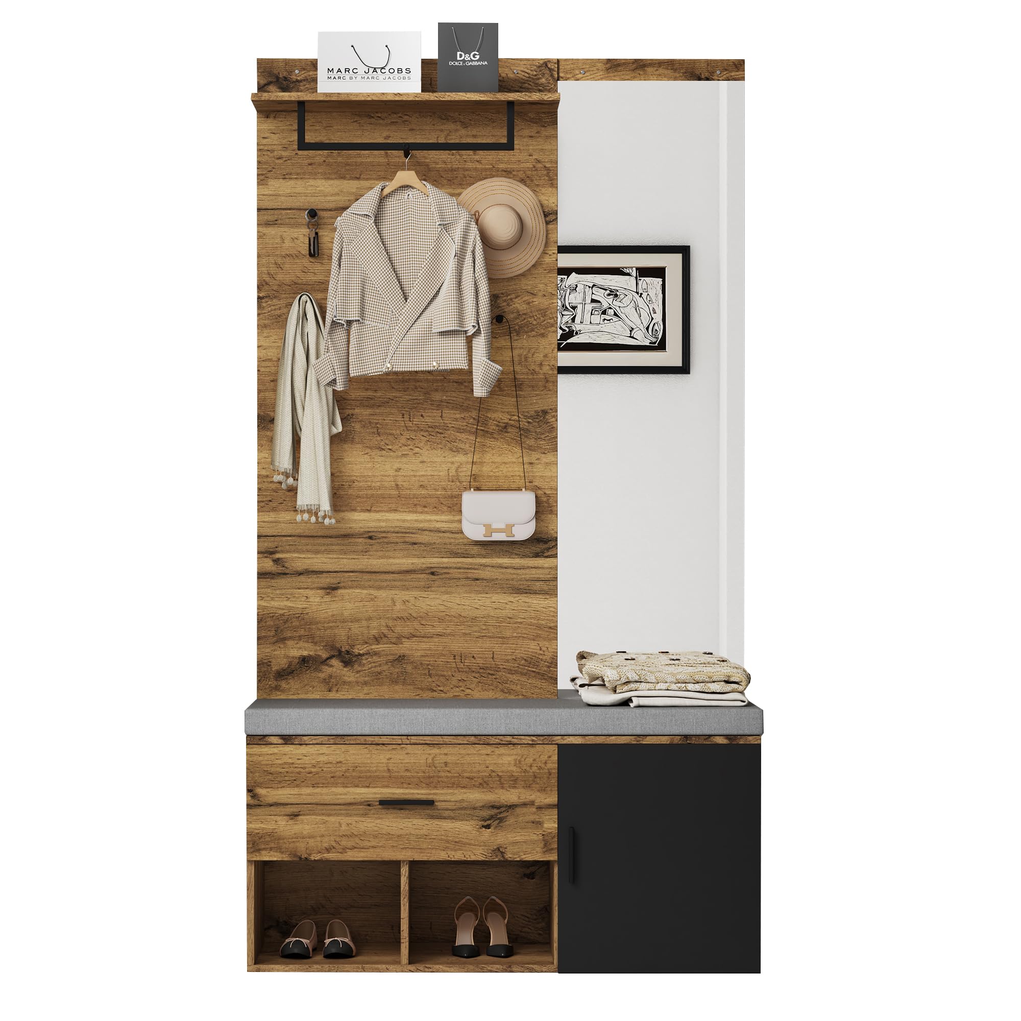 Juego de perchero de 190 cm de alto, efecto madera, con espejo, zapatero (104 x 39 cm) con cojín, zapatero, cajón, estante, perchero, diseño práctico para la entrada