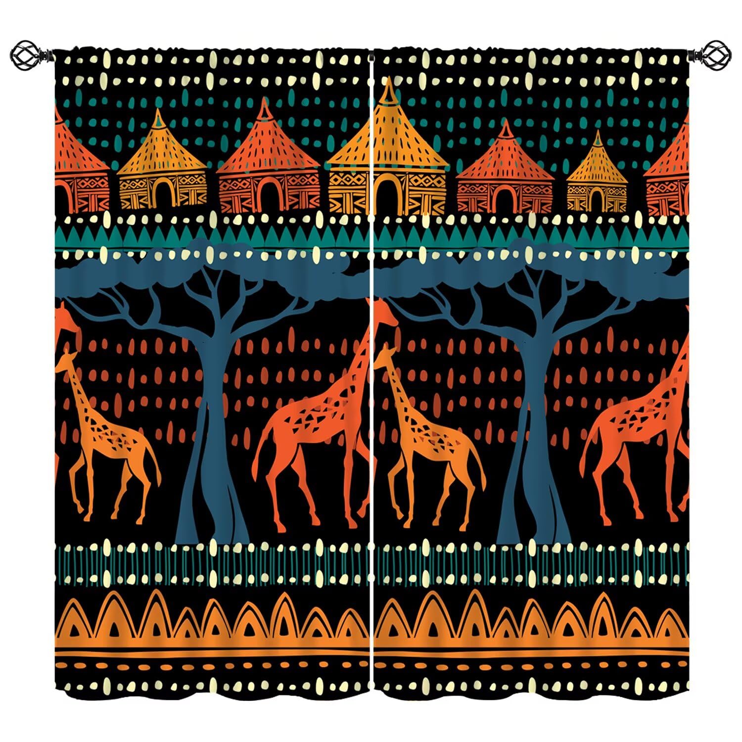African Ethnic Motifs Curtain, Vintage Abstract Tribal Folk Tropic Animals Giraffes Window Treatments Boho Geometric Traditional Blackout Window Curtain for Bedroom Living Room W84xL84in