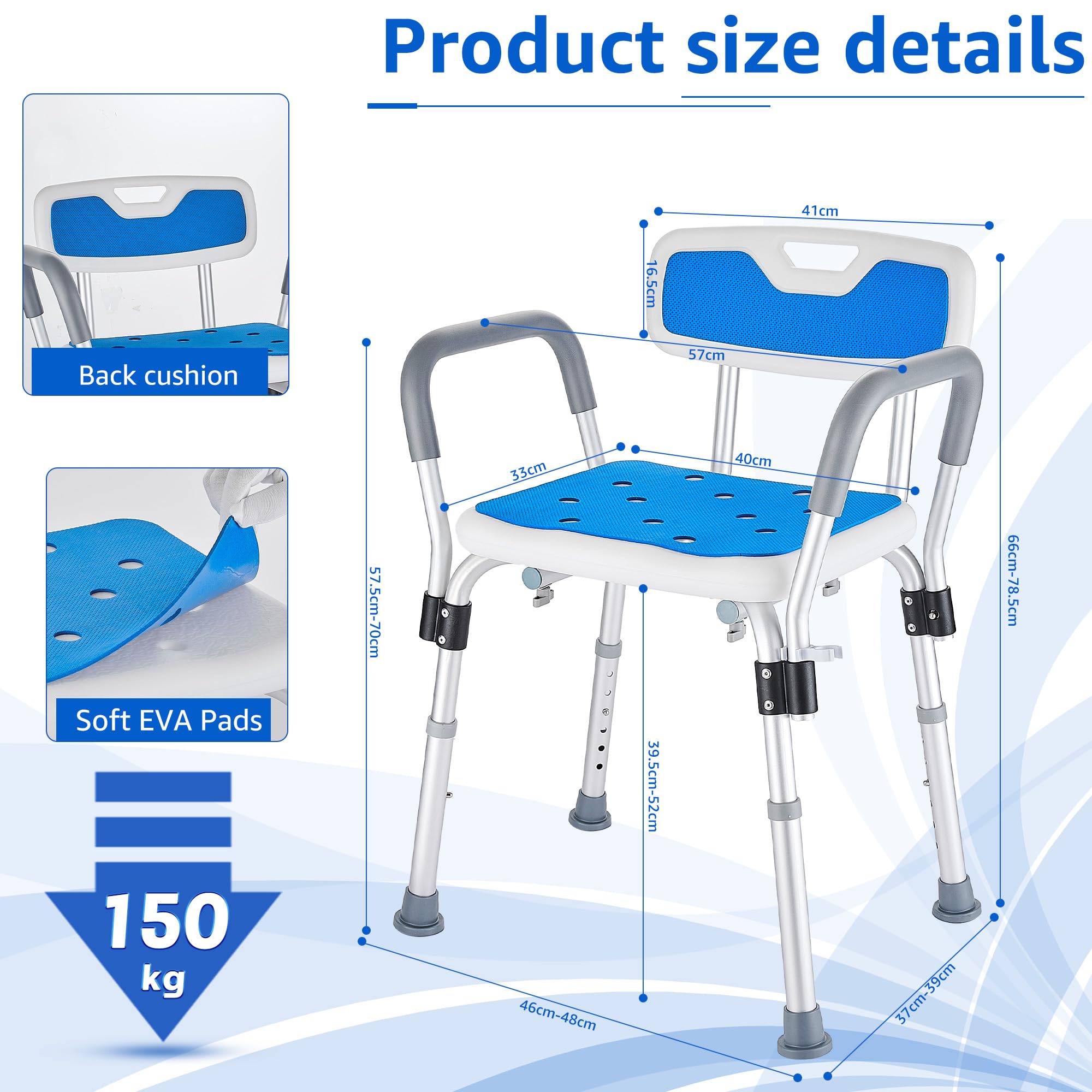 Sedia per Doccia per Anziani e Disabili, Sgabello Doccia con Braccioli e Schienale Rimovibile, Sedile per Vasca da Bagno Antiscivolo Regolabile in Altezza, portata fino a 150 Kg, Blu