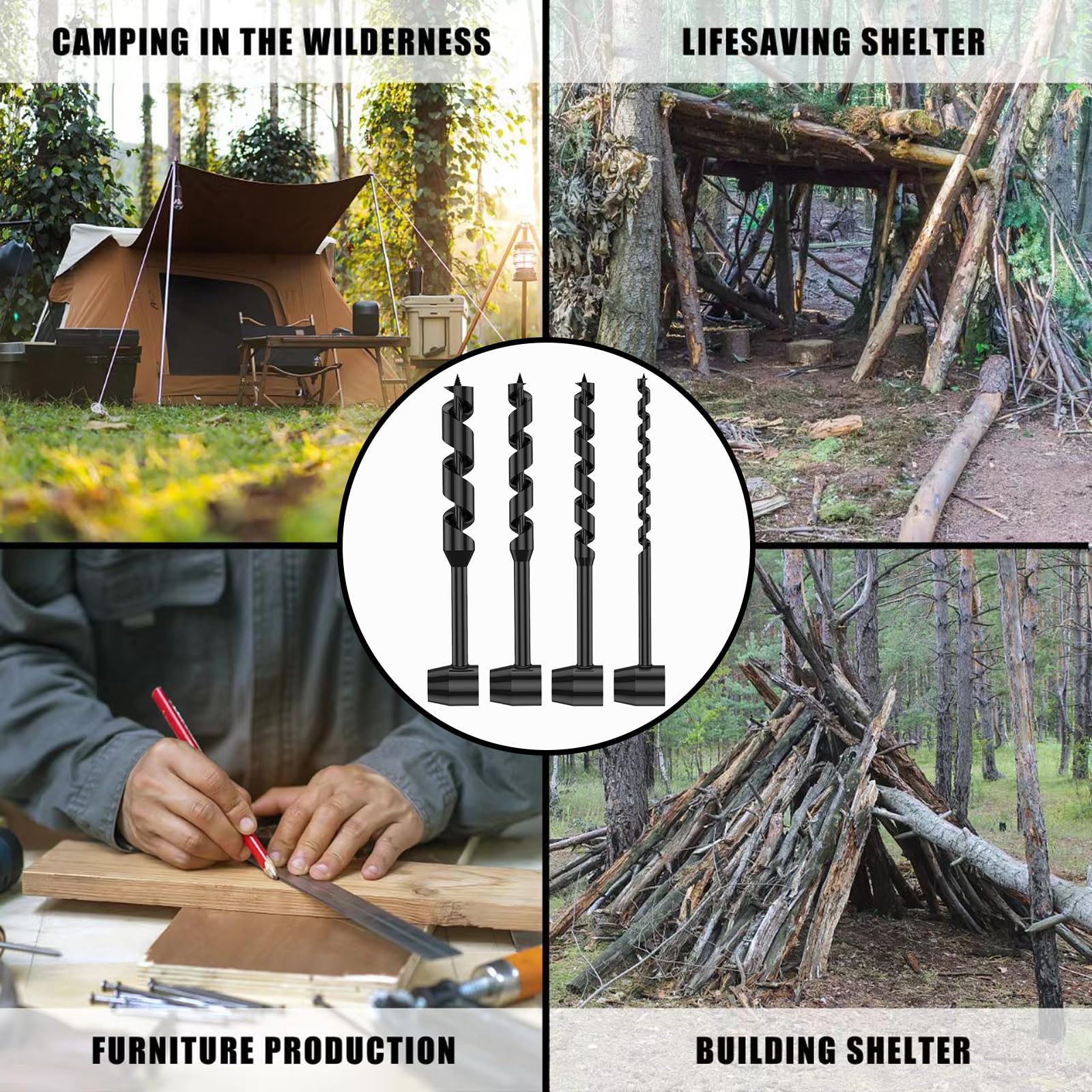 Taladro Manual, Llave Manual Bushcraft Broca Helicoidal Manual de 10-25 mm Para Actividades Al Aire Libre Bricolaje, Artesanías en La Selva Campamento (4 Piezas)