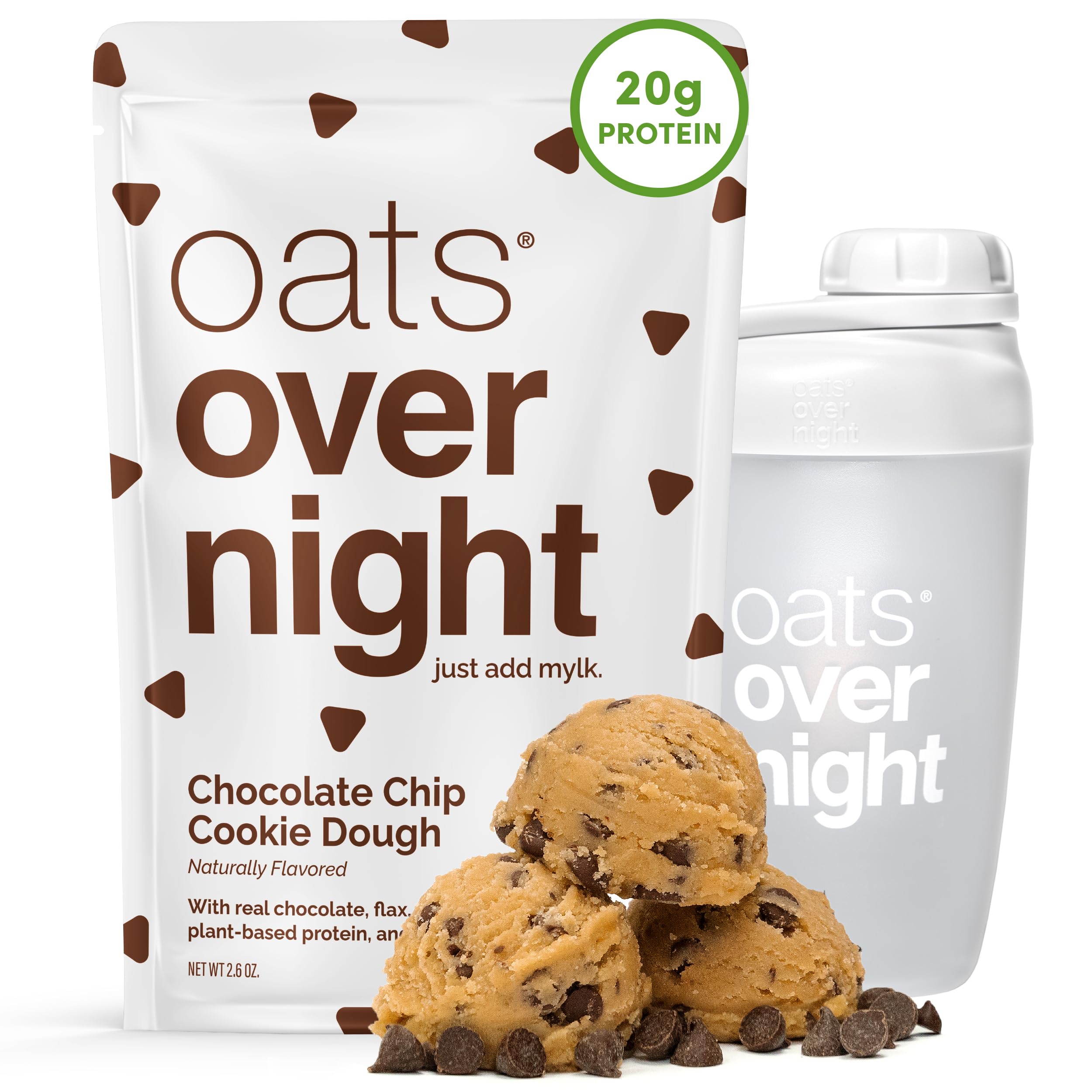 Oats Overnight - Chocolate Chip Cookie Dough - Vegan, 20g Protein, High Fiber Breakfast Shake - Gluten Free, Non GMO Oatmeal (2.6 oz per meal) (8 Pack + Shaker Bottle)