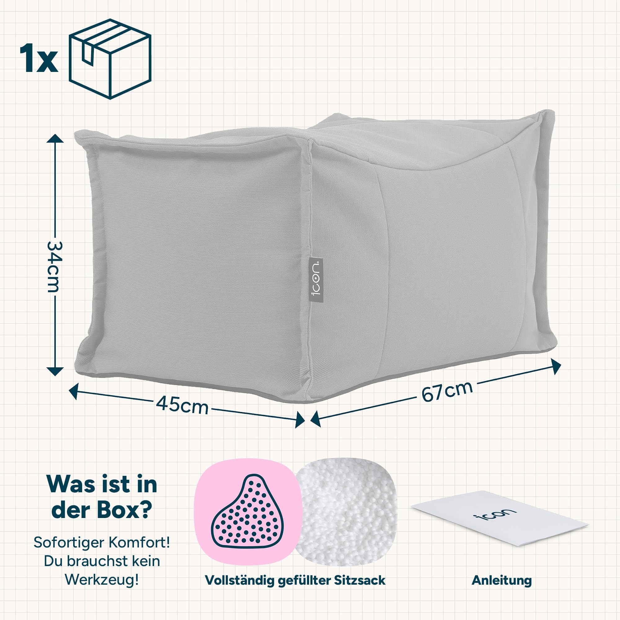 Icon Bud Hocker, Khakigrün, Olefin Stoff für Drinnen und Draußen, Outsoor Sitzsack, Sitzpuff, Pouf Hocker mit Füllung, Fußhocker für das Wohnzimmer, Garten, Terrasse