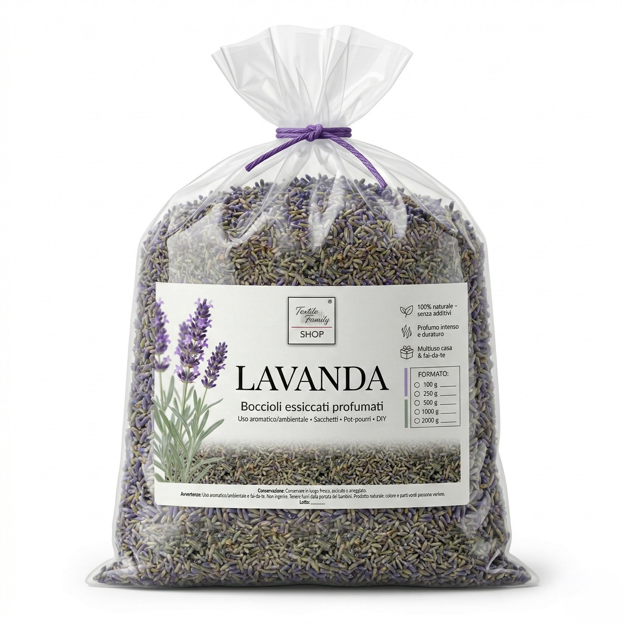 Tex family Lavande séchée bourgeons parfumés Made in Italy sacs armoires, pot-pourri et DIY - 2000 grammes