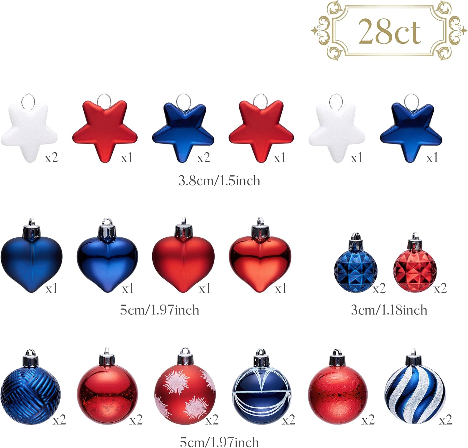 Valery Madelyn 28Pcs 4th of July Heart Shaped Ornaments Gift Pack, Patriotic Craft Painted Tree Heart Decorations, Red White Blue Christmas Baubles Hanging Labor Independence Day Memorial Day Decor