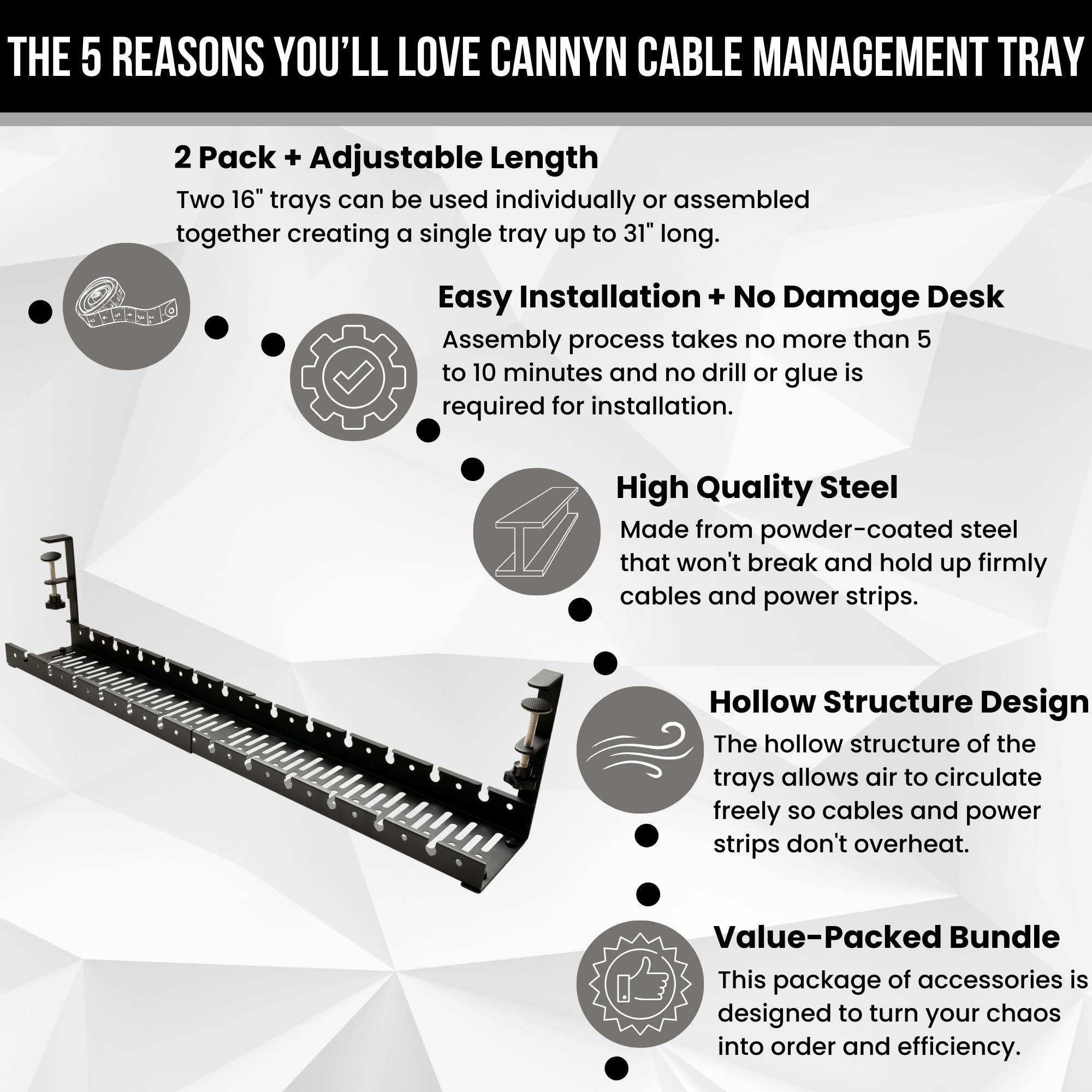 No Drill Under Desk Cable Management Tray - Extendable 16
