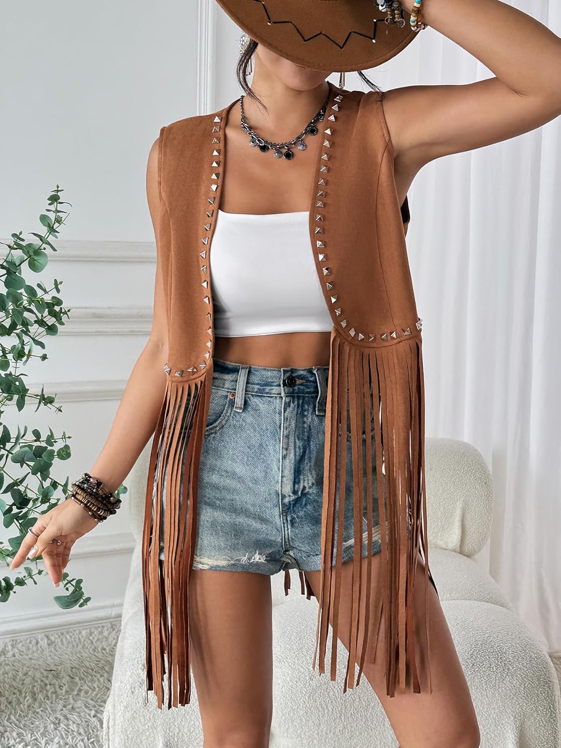 HYTENSUN Women's Fringe Vest 60s 70s Hippie Vest Sleeveless Cowgirl Western Faux Suede Tassel Leather Jacket Hippie Party - Image 4