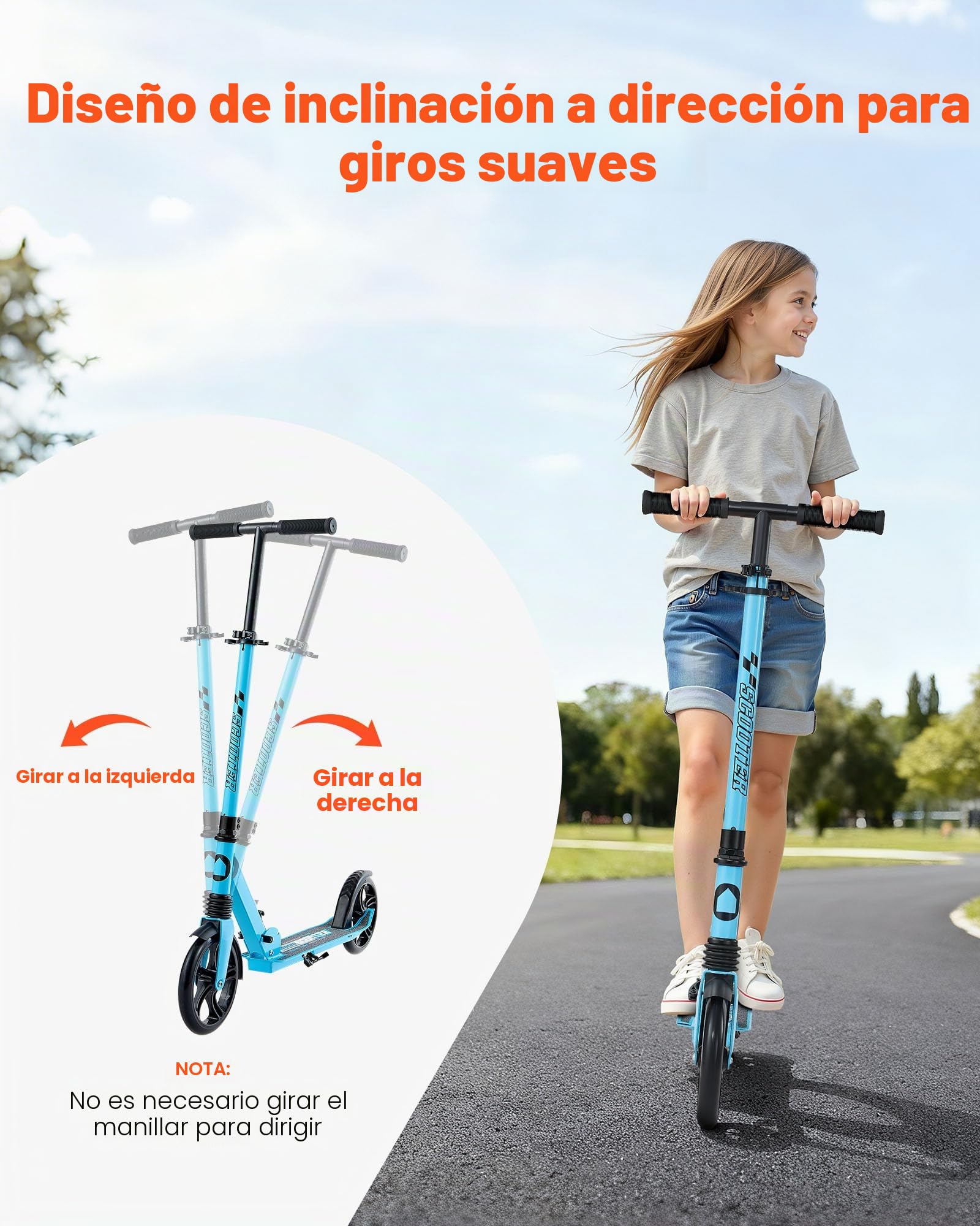 VEVOR Patinete 2 Ruedas, para Niños a Partir de 8 Años, con Manillar Regulable en Altura y Base Antideslizante, Patinete Plegable hasta 100 kg, Negro y Azul, Armazón de Acero, 900 x 380 x 1000 mm