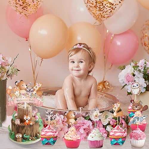 Miniatura 2 de 49 piezas de decoración para magdalenas del bosque y decoración para tartas, decoración de baby shower de animales, ciervo, oso, criaturas,