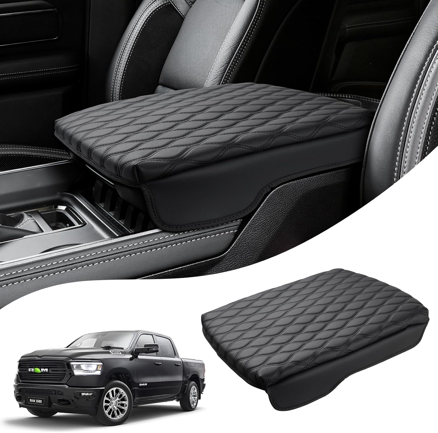 Autorder Center Console Cover for 2019-2024 2025 Dodge Ram 1500/2500/3500 Accessories Armrest Cushion Cover Nappa Leather Middle Console Covers Console Cushion Pad Anti-Scratch(Bucket Seat Only) 19-25 Dodge Ram