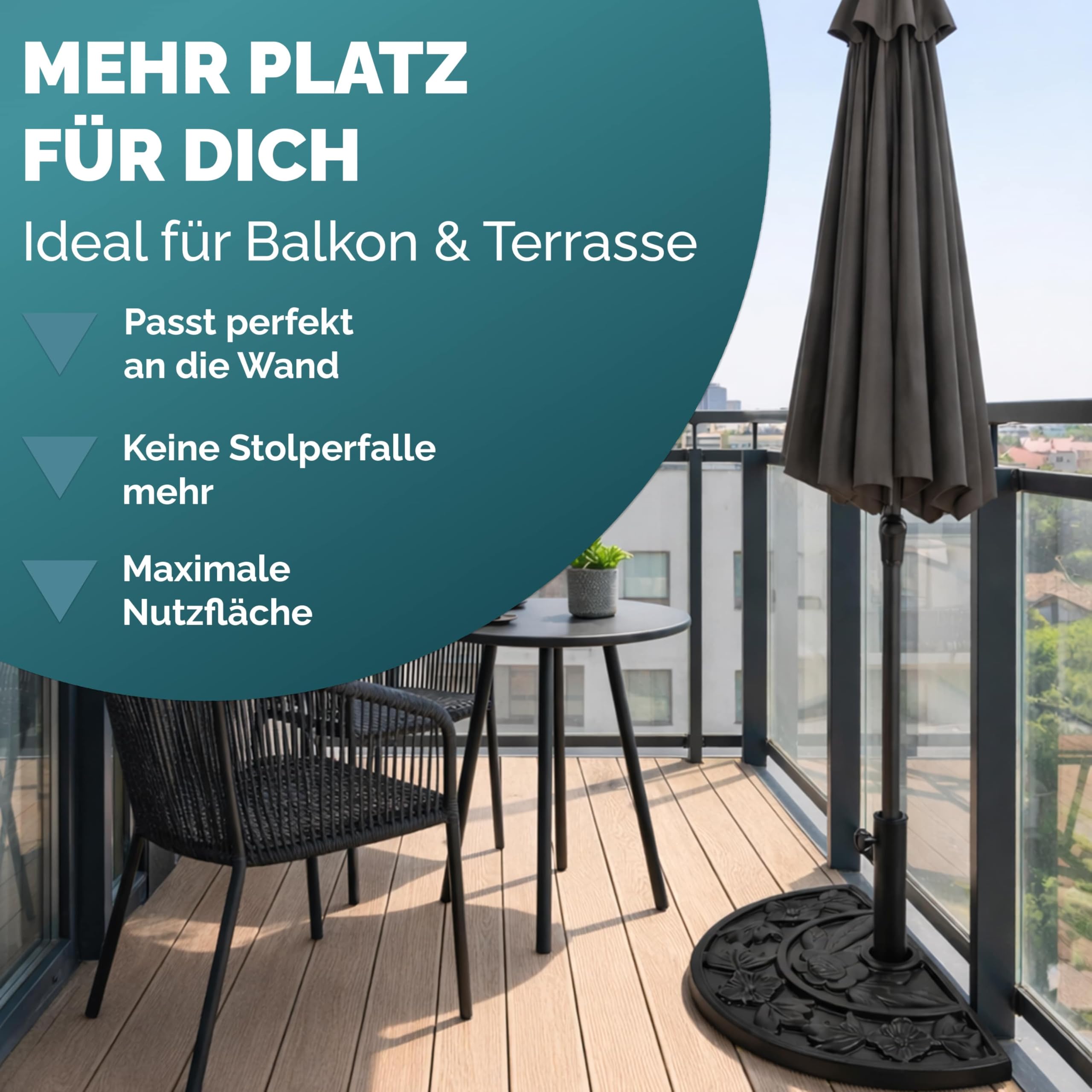 Deuba® Sonnenschirmständer halbrund Balkon Terrasse 9 kg Blumen Design schwarz Gussoptik wetterfest Schirmständer Balkonschirm Terrassenschirm Ständer
