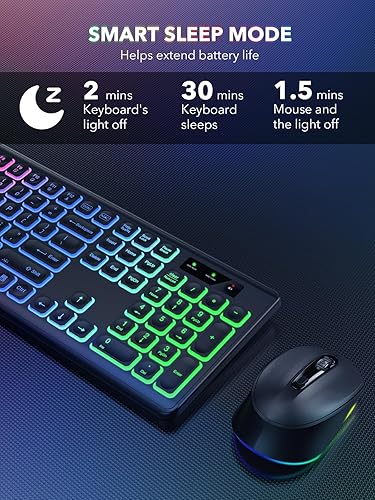 Miniatura 5 de SABLUTE - Retroiluminación inalámbrica para teclado y mouse, teclas iluminadas silenciosas, patas de inclinación, batería recargable - Combo