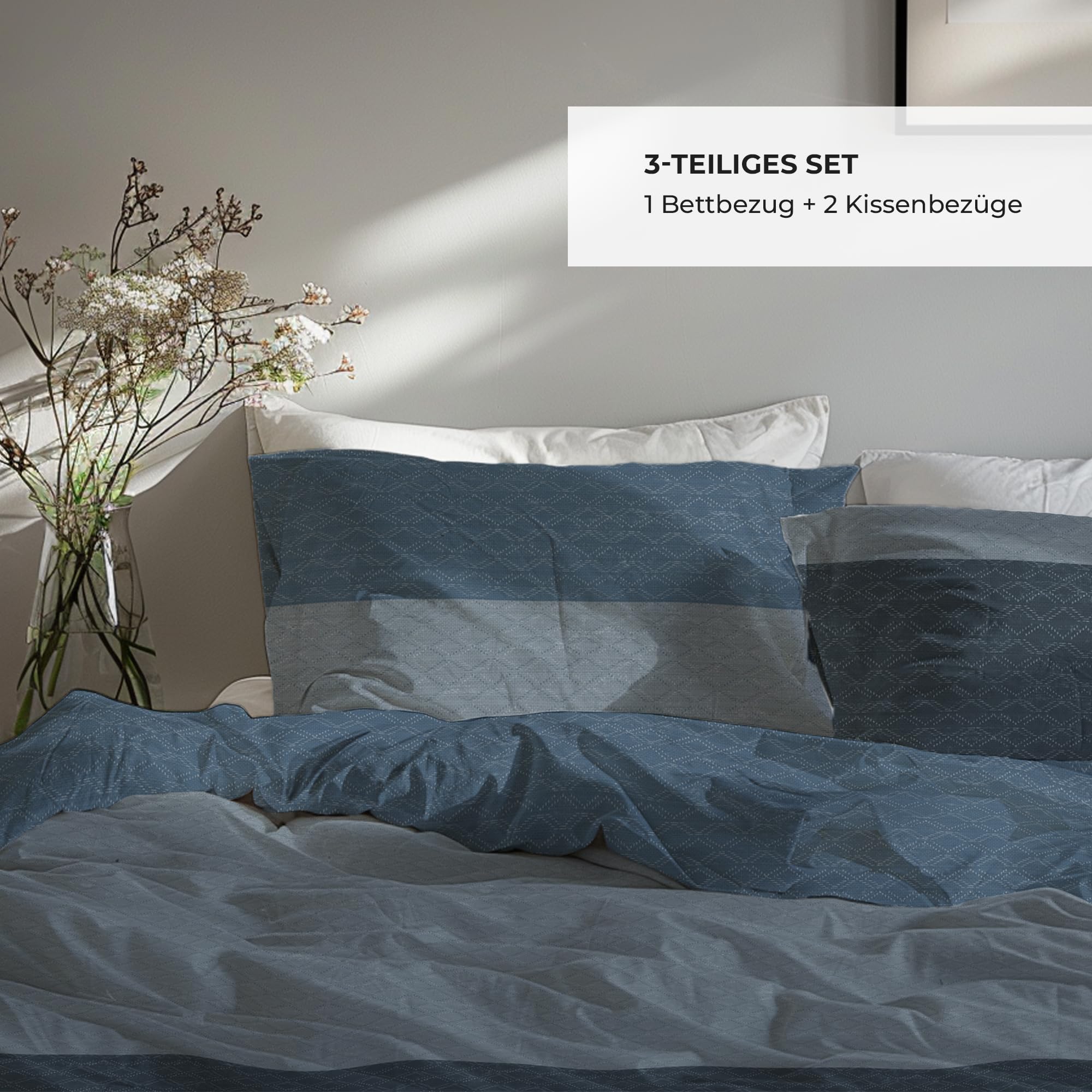 Premium Bettwäsche 200x200 – 100% Baumwolle, ÖKO-TEX Zertifiziert, Renforcé, Atmungsaktiv & Antiallergisch, mit Reißverschluss, 3teilig – Bettbezug + 2X Kissenbezug 80x80, Grau, Blau, Hellblau