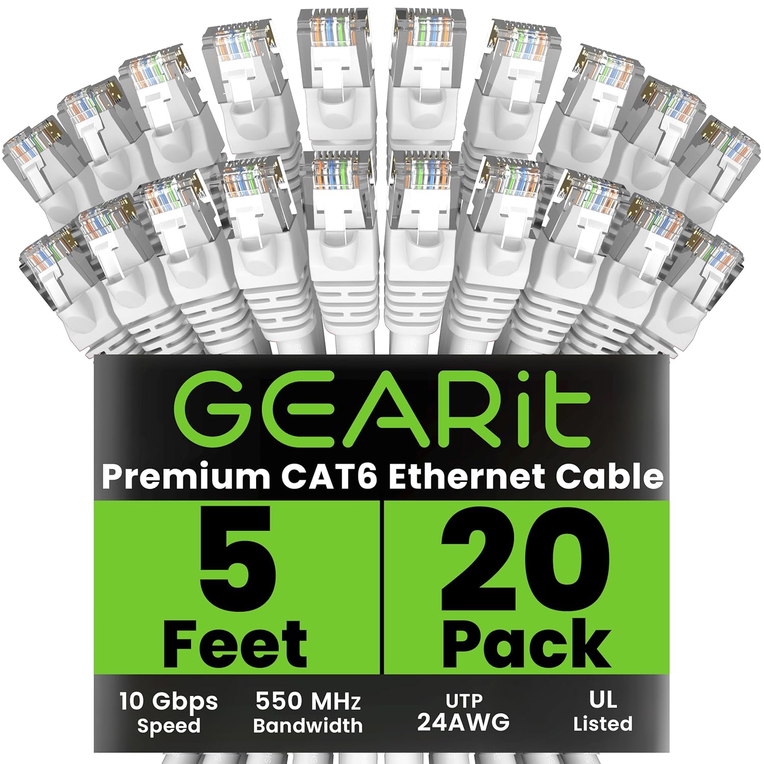 GEARit Cat 6 Ethernet Cable (20-Pack 5 Feet) Cat6 Network Patch, 10Gbps, RJ45, Snagless Cord, Gold-Plated Connectors, Internet for PC, TV, Tablet, Router, Printer, Servers, IT Data Center - White