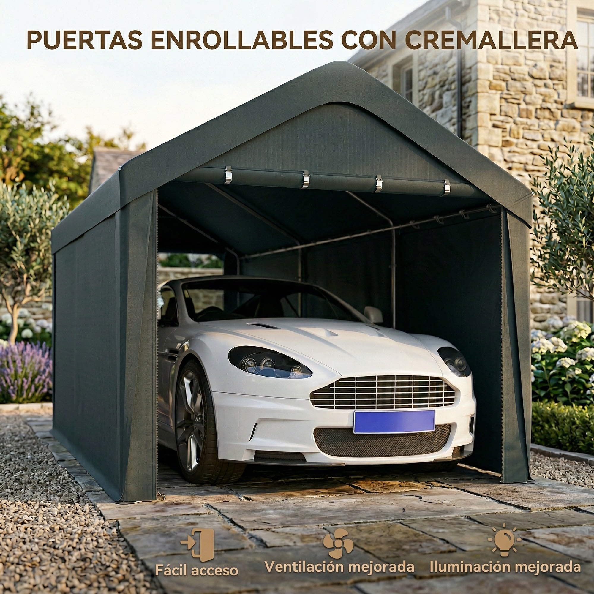Outsunny Carpa Garaje Portátil 3x6 m Impermeable para Coche Gris Oscuro | Anti-UV, Paredes Laterales Desmontables, 2 Puertas Enrollables, Garaje Exterior, Cobertizo para Herramientas de Jardín