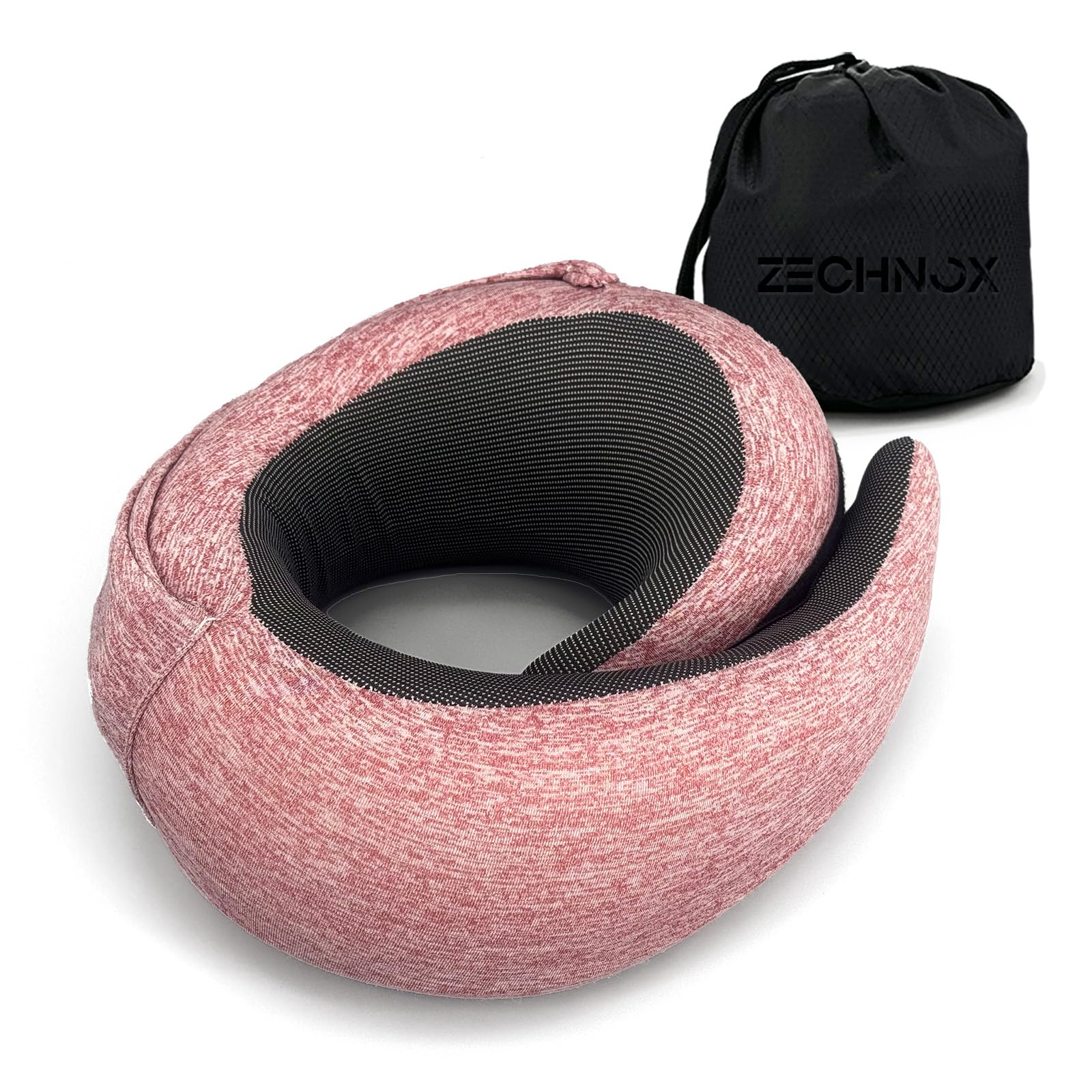 Almohada cervical de viaje ergonómica con capucha plegable, almohada cervical, espuma viscoelástica premium, diseño contorneado 360º, funda lavable, juego completo de viaje, para avión (rojo