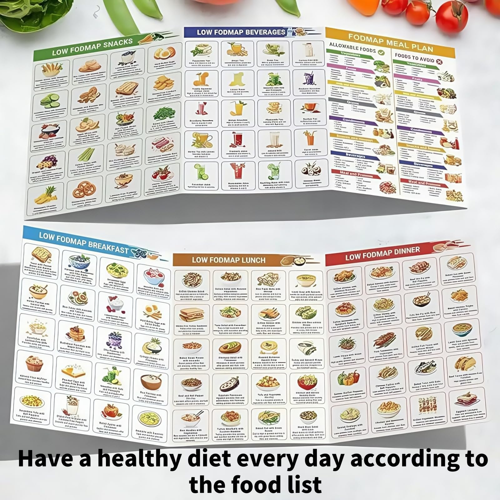 Tableau Fodmap, tableau alimentaire, régime faible, recettes de planificateur nutritionnel laminé, planificateur de repas, liste de nutrition des aliments sains, planificateur de repas laminé, tableau