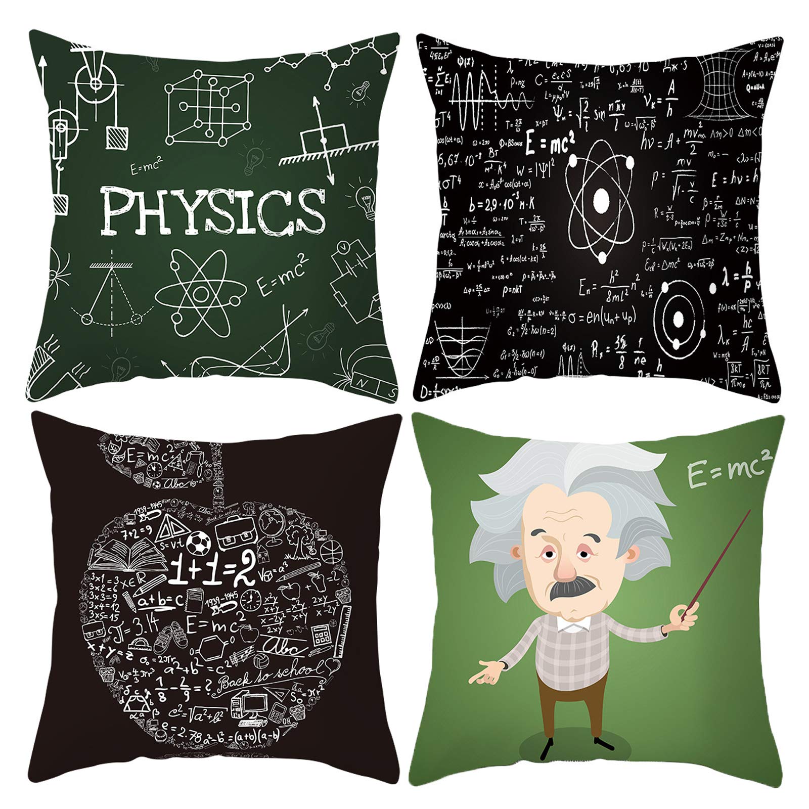 HOSTECCO Physics Cushion Covers Set of 4 Educational Throw Pillow Cases E=MC2 Science Formula Cushion Covers for Sofa Couch 45x45 cm