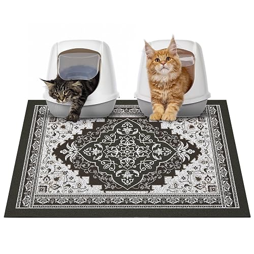 Glittme Cat Litter Mat with Non-Slip Bottom Litter Box Mat 33"X22" Litter Trapping Mat Easy to Clean Washable Cat Food Mat for Kitty,L - 33"x22" - Black