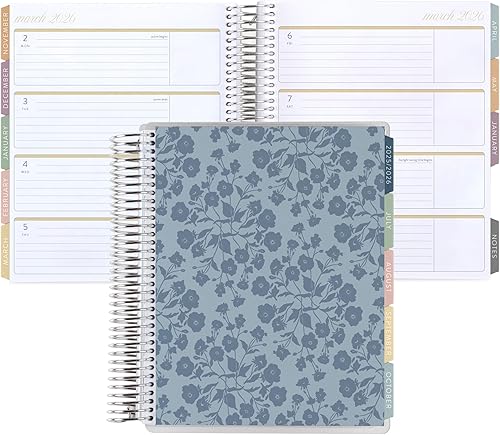 Planificador de vida en espiral 7x9 (enero de 2026 a diciembre de 2026) - Papel tapiz de ramo (azul) cubierta clásica, diseño horizontal, tema de