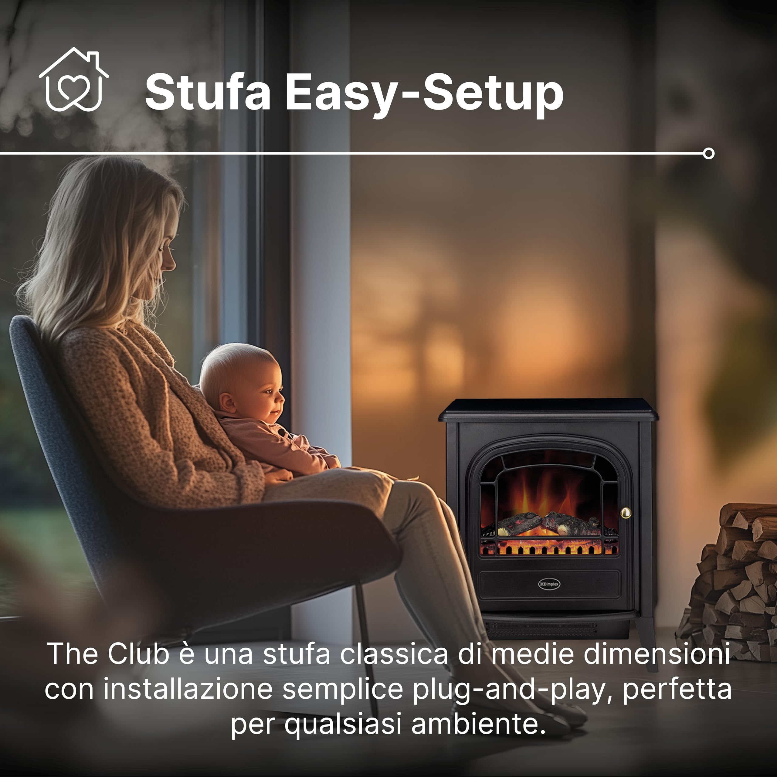 Dimplex Club Caminetto Elettrico Camino Elettrico da Terra con Letto di Ceppi Ardenti e Effetto Fiamma LED Optiflame Camino Finto con Ventilatore Riscaldante da 2 kW Incluso Telecomando