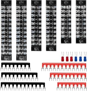 JINXIAN 6Pcs 8/10/12 Position Dual Rows Covered Screw Terminal Block Din Rail Connectors 600V 15A Double Row Terminal Block Set with 6 Pre-Insulated Fork Terminal Barrier Strip Red/Black