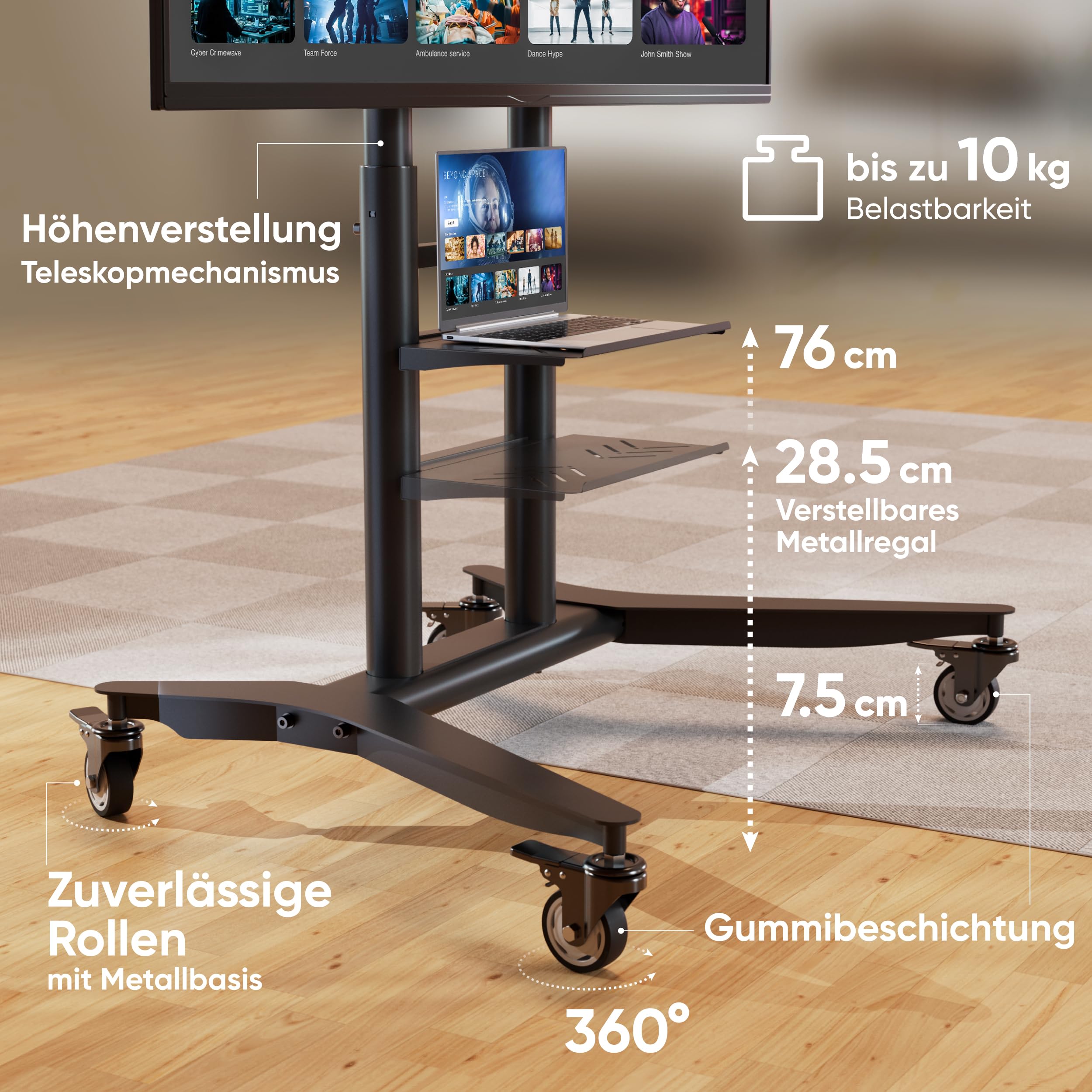 ONKRON TV Ständer rollbar für 55-90 Zoll Fernseher, max Belastung 90 kg, TV Rollwagen höhenverstellbar, VESA 200x200-800x600, professioneller Fernsehständer mit Rollen, Ablage Schwarz TS1871-B