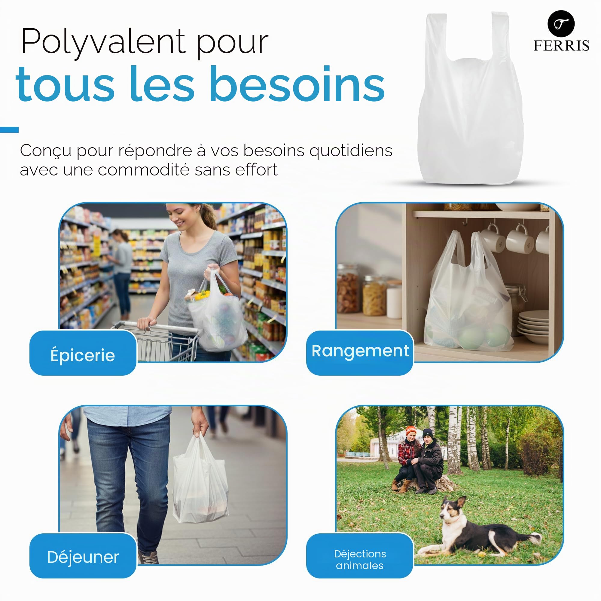 FERRIS Lot de 200 grands sacs de transport solides avec poignées, sacs en plastique multi-usages résistants de 40,5 x 45,8 x 55,8 cm, pour les courses, les étals de marché, les plats à emporter,