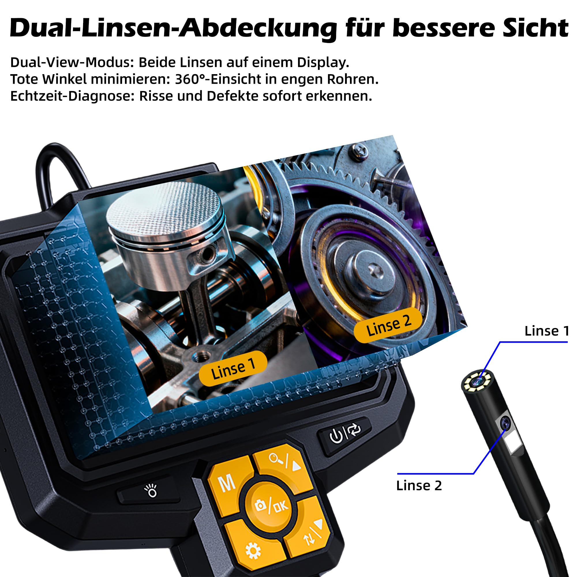 Endoskopkamera mit Licht, IP67 wasserdichte Endoskop, 5" IPS Bildschirm Inspektionskamera, 2MP HD Rohrkamera mit 9 Einstellbaren LEDs, 5M Halbstarres Kabel