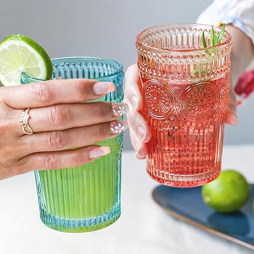 Vista 36 de Kate Aspen Juego de 6 vasos para beber a rayas transparentes con textura vintage, (13 onzas), juego de cristalería acanalada con diseño de flores