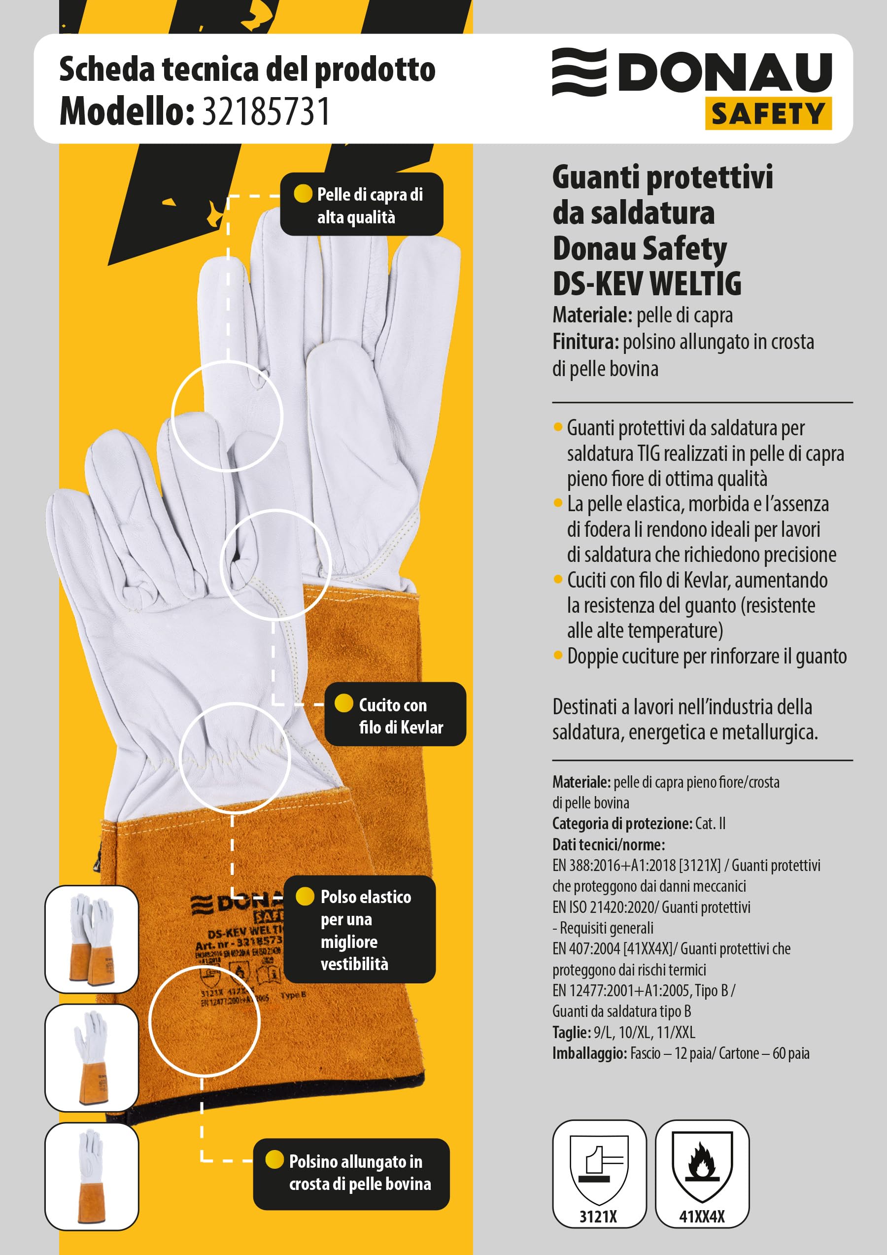 DONAU SAFETY Rękawica spawalnicza ze skóry koziej do spawania TIG/Kevlar/rozmiar 11/XXL, 1 para/Softouch, bardzo miękkie i przyjemne rękawice robocze, skórzane/rękawice ochronne