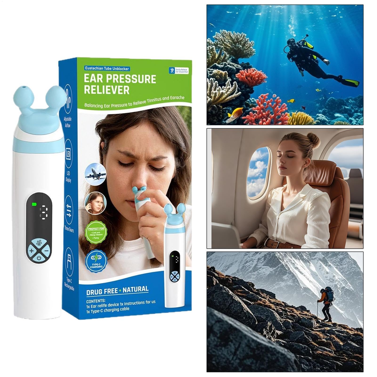 Dispositivo di sollievo della pressione dell'orecchio - in silicone per la cura dell'udito - Dispositivo di aspirazione pressione orecchie,per aereo, piscina, altitudine, immersioni, snorkeling e