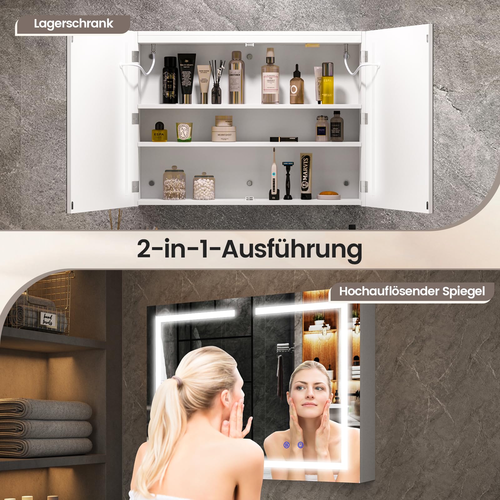 Spiegelschrank Bad mit Beleuchtung und Steckdose, 80x60x15cm, Badezimmer Spiegelschrank mit 3 LED-Lichtfarben dimmbar, Doppeltür, Verstellbares Regal, Antibeschlag, Wandmontage, Weiß