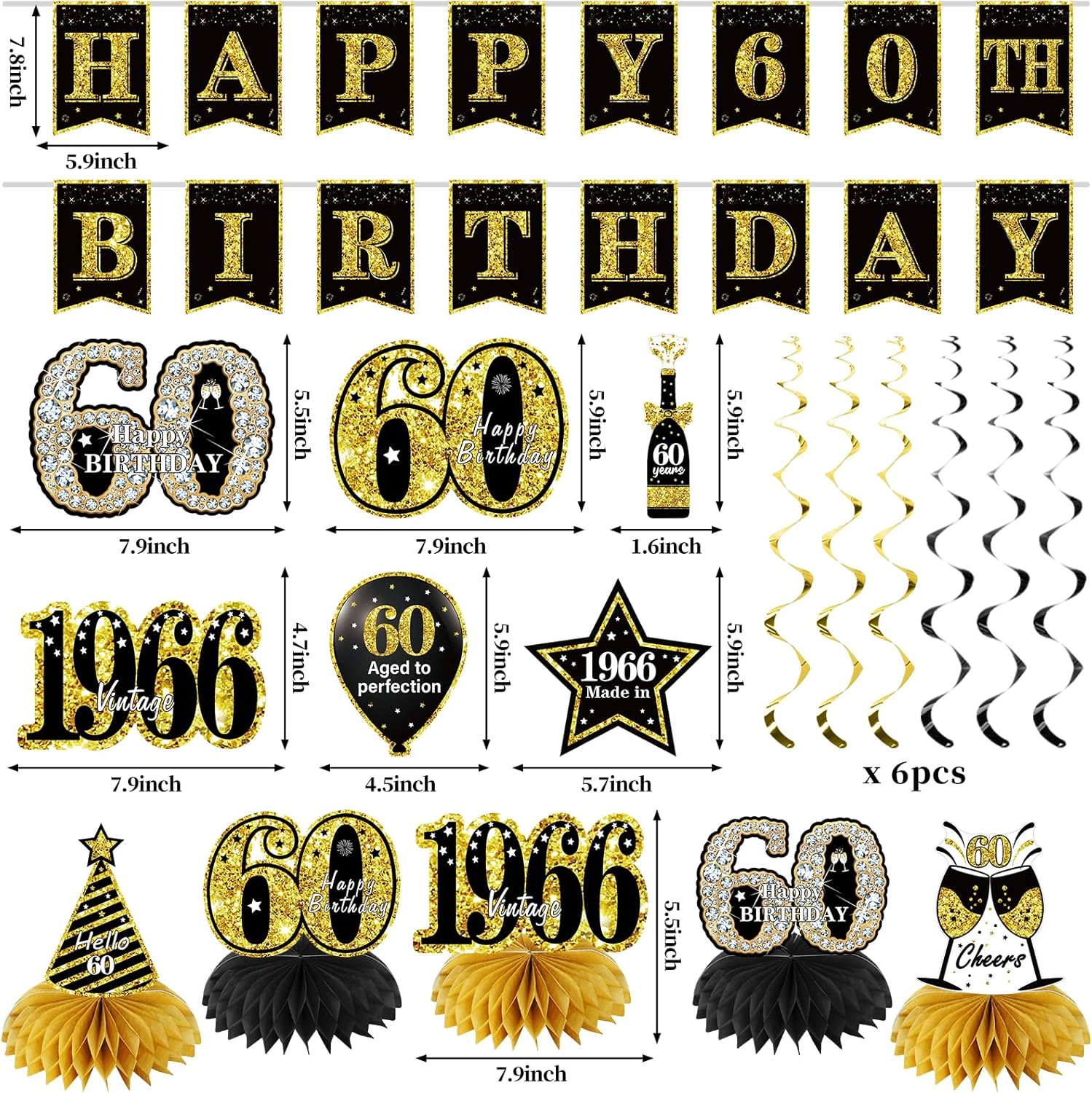 Zirtorei 60th Birthday Decorations for Men Women, 21pcs the Year 1966 Banner Balloon Party Supplies, Black Gold 60 Year Old Birthday Backdrop, 60 Bday Honeycomb Centerpiece Hanging Swirls Sash Gifts - Image 2