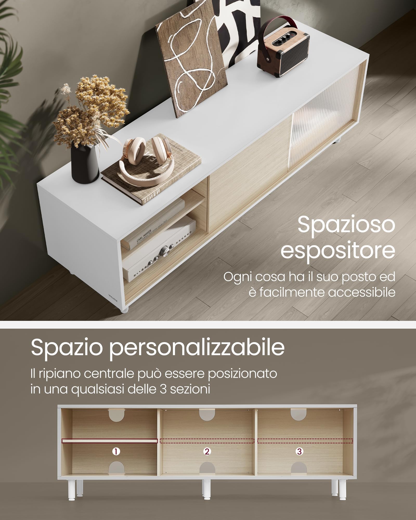 VASAGLE Mobile TV per Televisore fino a 32/45/50/55/60 Pollici, Montaggio Rapido Senza Attrezzi Toolless, per Soggiorno, Vetro Scanalato, Moderno, 140 x 39 x 45 cm, Bianco LTV466W01